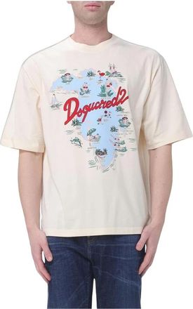 Dsquared2 Map of Dreams Grafisch T-shirt - Heren - T-shirts - Beige - L - Katoen - Tops