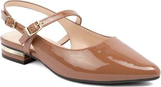 Jones New York Womens Slingback Flats - Classic Pointed Toe Dress Shoes with Back Straps and Low Heel, Dark Tan-patent, 4.5 UK