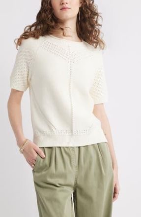 Treasure & Bond Pointelle Short Sleeve Cotton Sweater in Ivory Egret at Nordstrom Rack, Size X-Large