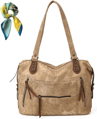 Generic Slouchy Shoulder Bag for Women Ladies,Large Capacity PU Leather Vintage Tote Bags,Underarm Hobo Handbag Purse Travel (Khaki)