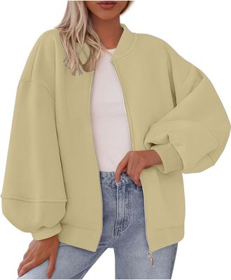 Generic Women Bomber Jacket Long Sleeve Full Zip Up Flight Jackets with Pockets Round Neck Baseball Coat Lightweight Solid Color Casual Oversized Sweatshirt F