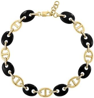 Effy 14K Yellow Gold Diamond Onyx Link Bracelet in 14K Gold at Nordstrom, Size 7.5