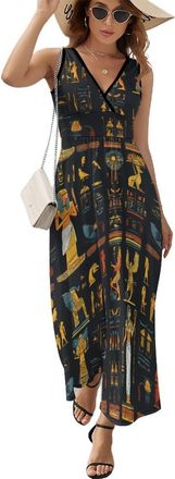 Generic Egyptian Hieroglyphs Pharaohs Pattern Womens Sleeveless Dress Summer Maxi Dresses Casual Long Beach V Neck Vacation 2XL