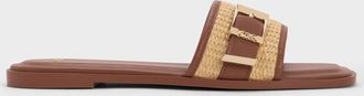 Charles & Keith Whitney Leather & Raffia Buckled Slide Sandals