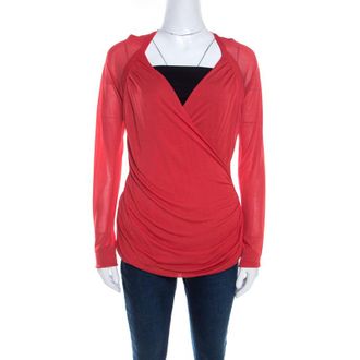 Escada Red Knit Ruched Crossover Front Long Sleeve Top