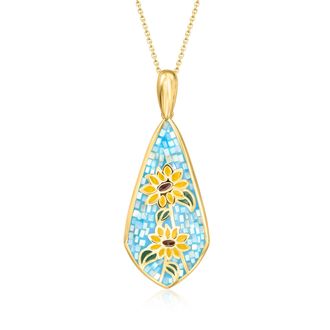 Ross-Simons Mother-Of-Pearl and Multicolored Enamel Sunflower Mosaic Pendant Necklace in 18kt Gold Over Sterling