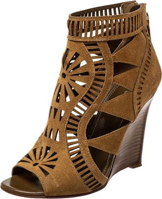 Sergio Rossi Brown Laser Cut Suede Open Toe Booties