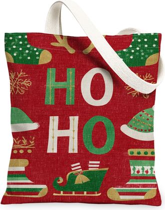 Generic Christmas Ho Ho Canvas Tote Bags, Holiday Pattern Reusable Grocery Bags, Lightweight Washable Shoulder Strap for Travel Bea, Red, 13x15 Inch
