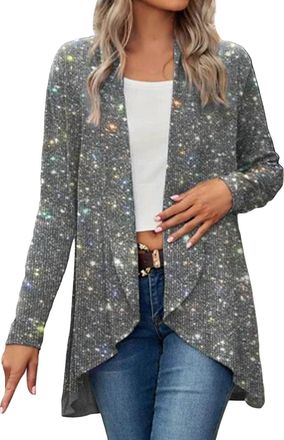 Generic Womens Sequin Cardigan for Women Long Sparkle Lightweight Long Sleeve Cardigans Casual Party Cocktail Clubwear Cover Up Glitter Shrug Silver Sequin Ja