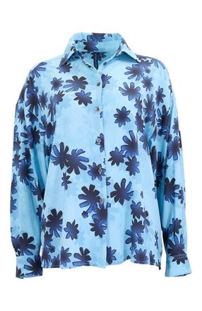 Lords of Harlech Sophie Silk Oversized Blouse in Rambla Floral Teal at Nordstrom, Size Xx-Large