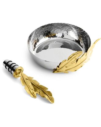 Michael Aram Gold Feather Coaster & Wine Stopper Set