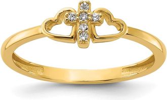 Diamond2Deal 14k Yellow Gold Polished Cubic Zirconia Cross and Hearts Ring