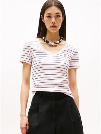 Tommy Hilfiger Womens Stripe V-Neck Favorite T-Shirt - Pink - XXL