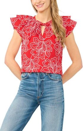 CeCe by Cynthia Steffe Floral Flutter Sleeve Tie Neck Top in Classic Cherry at Nordstrom, Size Xx-Large