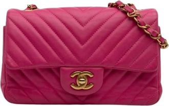 Chanel Pre-owned Mini Chevron Classic Flap - Dames - Vintage Schoudertas - Roze - ONE Size - Leer - Vintage