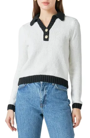 endless rose Johnny Collar Long Sleeve Polo Sweater In White/black