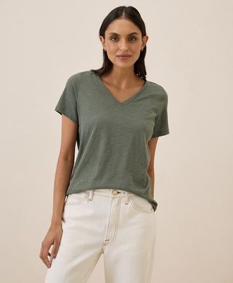 Pact Organic Cotton Featherweight Slub V-Neck Tee in Castor Green at Nordstrom, Size Large