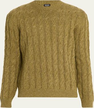 Ermenegildo Zegna Mens Cable-Knit Melange Cashmere-Blend Crewneck Sweater