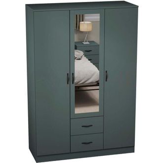 Home Discount Riano 3 Door 2 Drawer Mirrored Wardrobes With Hanging Rail & Shelves, Green