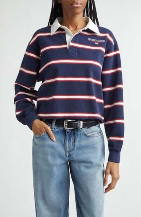 Sporty & Rich Nautical Embroidered Stripe Crop Rugby Polo in Dark Navy/White/Ruby at Nordstrom, Size X-Small