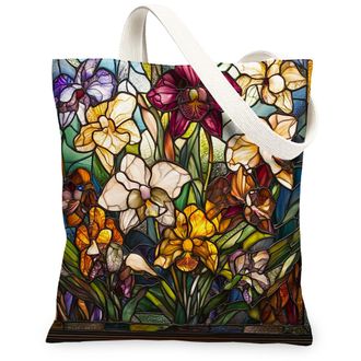 Generic Stained Glass Orchid Flower Canvas Tote Bag for Shopping 13x15, Luxury Floral Reusable Grocery Print Pattern Bag for Women Men, Garden Cool Aesthetic 