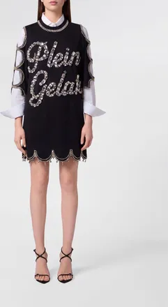 Philipp Plein Cut-Out Cotton Sheath Mini Dress with Rhinestones