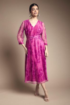 Wallis Womens Mesh Pleated Twist Waist Midi Dress - Pink - Size 18 UK