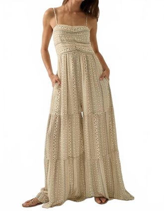 Promesa Geometric Print Ruched Wide-Leg Tiered Ruffle Jumpsuit In Oatmeal