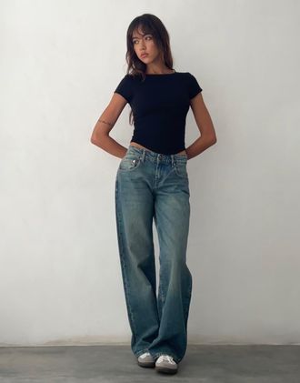 Motel Jeans blu verde vintage a vita bassa con gambe parallele