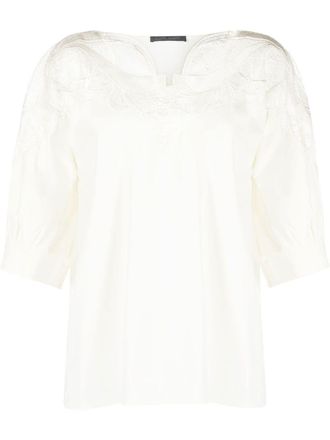 Alberta Ferretti lace-panel gathered-detail blouse - women - Cotton/Polyamide/Polyamide/Spandex/Elastane - 36 - Neutrals