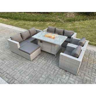 Fimous Light Grey Rattan Garden Furniture Set Gas FirePit Dining Table Heater Burner Lounge Sofa Set Chairs Footstool - Fimous