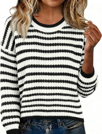 Generic Womens Jumpers Winter Casual Crew Neck Knitted Sweaters Long Sleeve Loose Pullover Striped Jumper Ladies Tops Sweatshirt