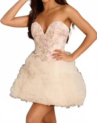 Jovani Strapless Ruffled Tulle Dress With Floral Embroidery In White/multi