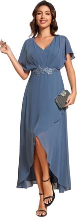 Ever-pretty Womens A Line V Neck Applique Tea Length Wedding Guest Dress Dusty Navy 18UK