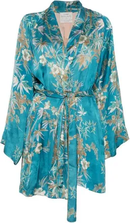 Forte_Forte Overhemden, Dames, Blauw, S, Satijn, Bloemenprint satijnen kimono