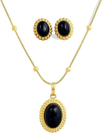 Savvy Cie Jewels GOLD PLATED BALL NECKLACE WITH BLACK ONYX PENDANT AND MATCHING EARRINGS