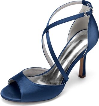 Generic Wedding Shoes Women Stain Peep Toe High Heels Sandals Wedding Evening Dress Shoes Bridal Stiletto High Heels 9.5Cm,Dark Blue,10 UK