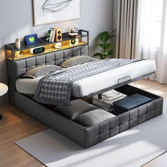 OEM Cama 140x190 Cm - Chb01 - Cofre Hidr&aacute;ulico - Puertos Usb Y Tipo-c - Led Rgb, Lino Gris