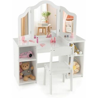Costway Kids Vanity Makeup Dressing Table & Chair Set Tri-Folding Mirror 4 Open Storage