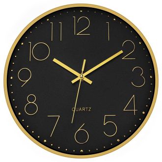 OEM Reloj De Pared Redondo De Cuarzo De 30 Cm (12 Pulgadas), Negro Y Dorado, Silencioso, Funciona Con Pilas, Ideal Para Sal&oacute;n, Cocina, Dormitorio U Oficin