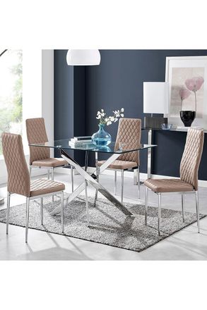 Furniturebox Leonardo Glass & Chrome Metal Dining Table & 4 Milan Chairs Set in Beige