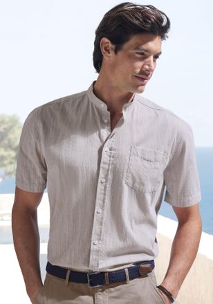 H.I.S Kurzarmhemd H.I.S, Herren, Gr. XXL (45/46), N-Gr, beige, Web, Obermaterial: 100% Baumwolle, unifarben, regular fit, Rundhals, abgesteppte Kante, Hemde