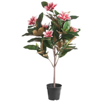 Beliani Planta Artificial En Maceta Con Flores Decoraci&oacute;n Moderna De Pl&aacute;stico Para Interiores Hecha A Mano 90 Cm Rojo Magnolia Tree