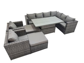 Fimous 10 Seater Rattan Corner Sofa Sets with 2 Chairs 2 Big Stools in Dark Grey