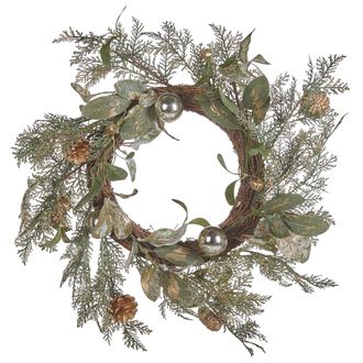 Beliani Corona Verde Dorado 45 Cm Sint&eacute;tico Ramas Pi&ntilde;as Bolas Nieve Navidad Hovila