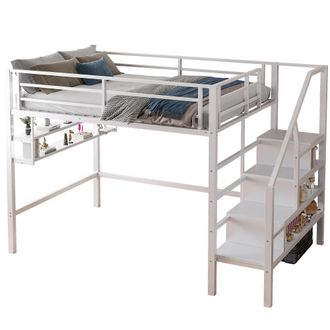 STILVORA Cama Alta Cama Doble Con Estantes, Escalera Con Almacenaje Y Barandilla 140 X 200 Cm, Sin Colch&oacute;n, Blanco