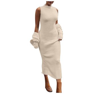 Generic Womens 2 Piece Outfits Bodycon Maxi Tank Pullover Sweater Dress Long Sleeve Cropped Cardigan Knit Sets Solid Color Elegant Chunky Knit Jumper Dress fo