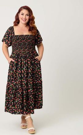 Unique Vintage Plus Size Smocked Bodice Midi Dress in Black W/strawberry Print at Nordstrom, Size 5X