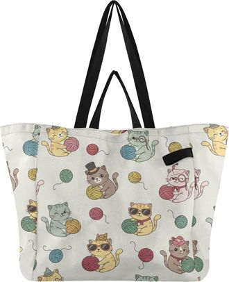 Generic Cat Yarn Beige pattern Reusable Canvas Tote Bag, Heavy Duty Grocery Shopping Bag with Large Capacity Double Handles Hard Bottom Work Groceries Travel