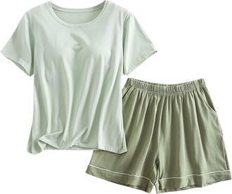 Generic Lounge Wear Sets for Women 2 Piece Relaxed Fit Crew Neck Short Sleeve T-Shirt with Built In Bras & Shorts Sleepwear Sets Cotton Comfy Loungewear Casua